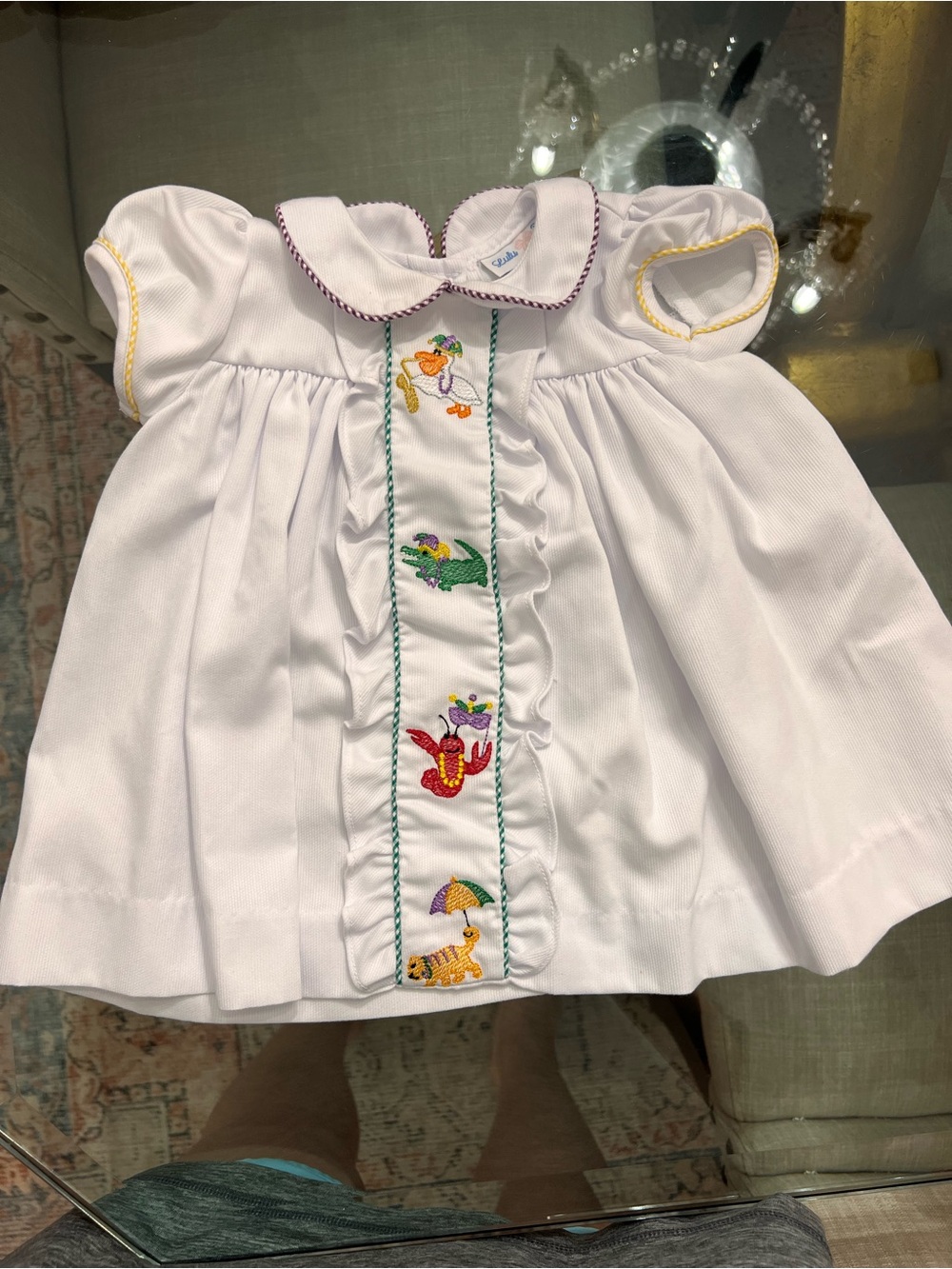 White Smocked Kids Mardi Gras Dress with Colorful Embroidery